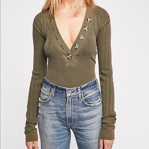 Free People Ribbed V Neck Long Sleeve Button Top